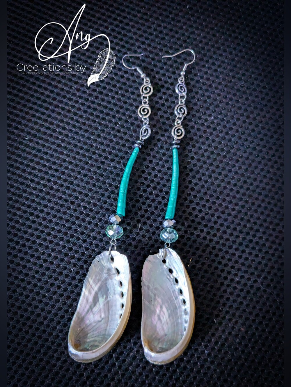 Native American Baby Green Abalone & Dentalium Shell Drop Earrings